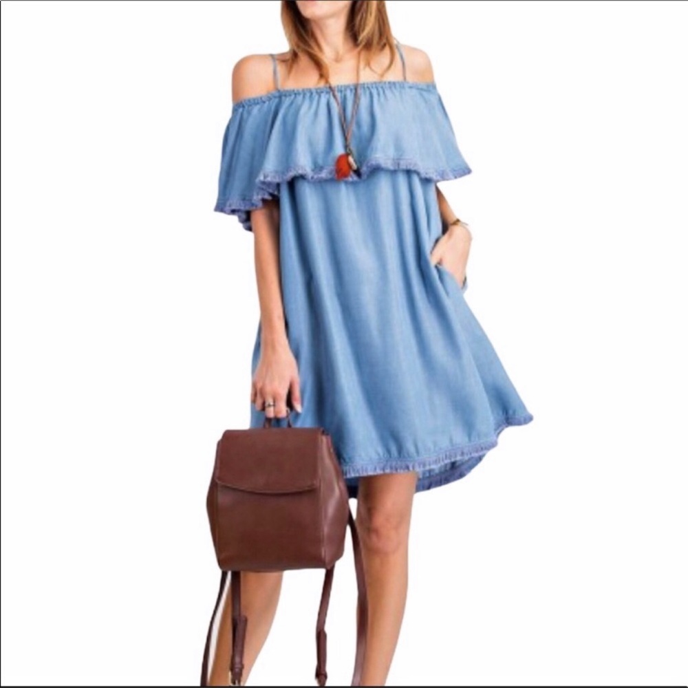 EASEL Blue Washed Denim Off Shoulder Shift Dress L